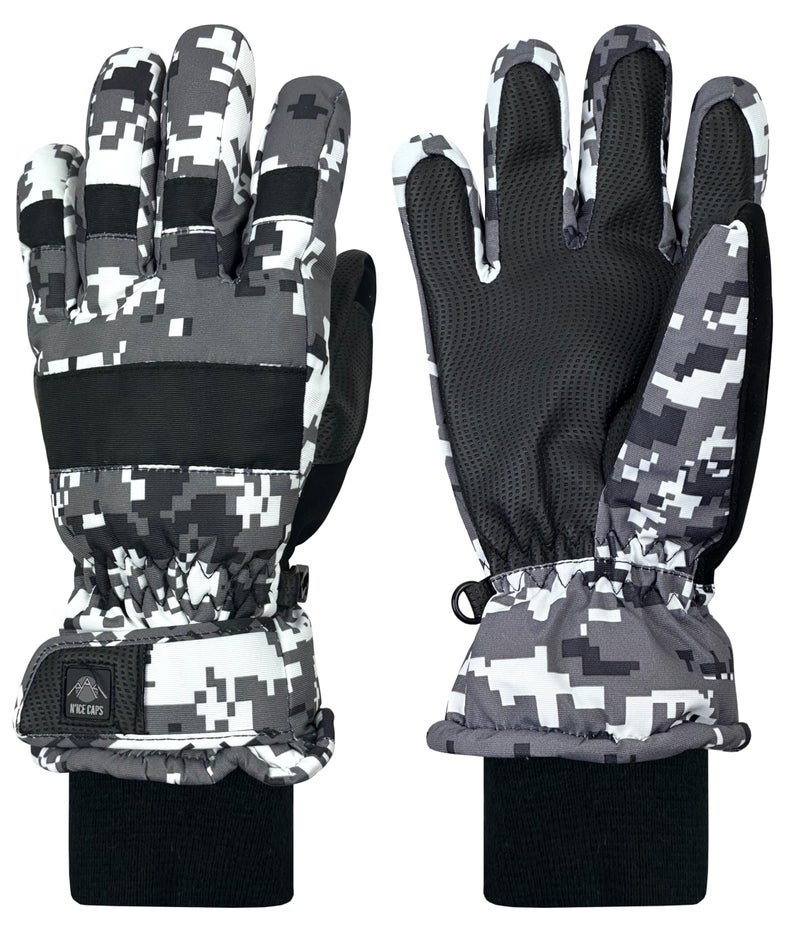 N'Ice Caps Kids Waterproof Winter Thinsulate Warm Gloves (Black/Grey Digital Camo, 9-10 Years) - Image 1